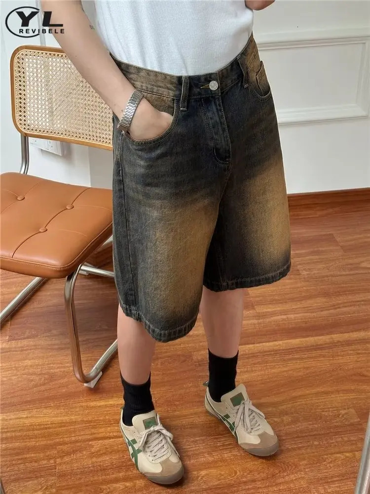 Baggy Casual Jean Shorts Mens Summer Mid High Waist Distressed Washed Denim Short Pants Male Street Vintage Knee Length 250312