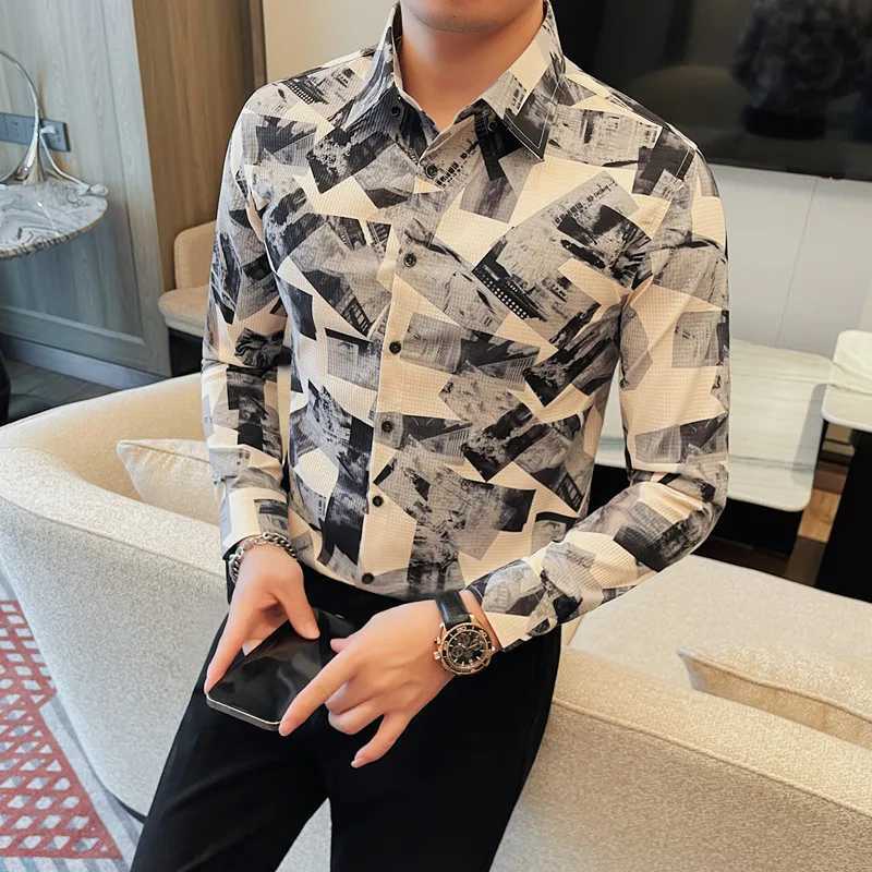 Korean Trend Printed Shirt for Men High-quality Slim Long Sleeved Shirt Casual Business Social Formal Dress Shirts Men Clothing W250312