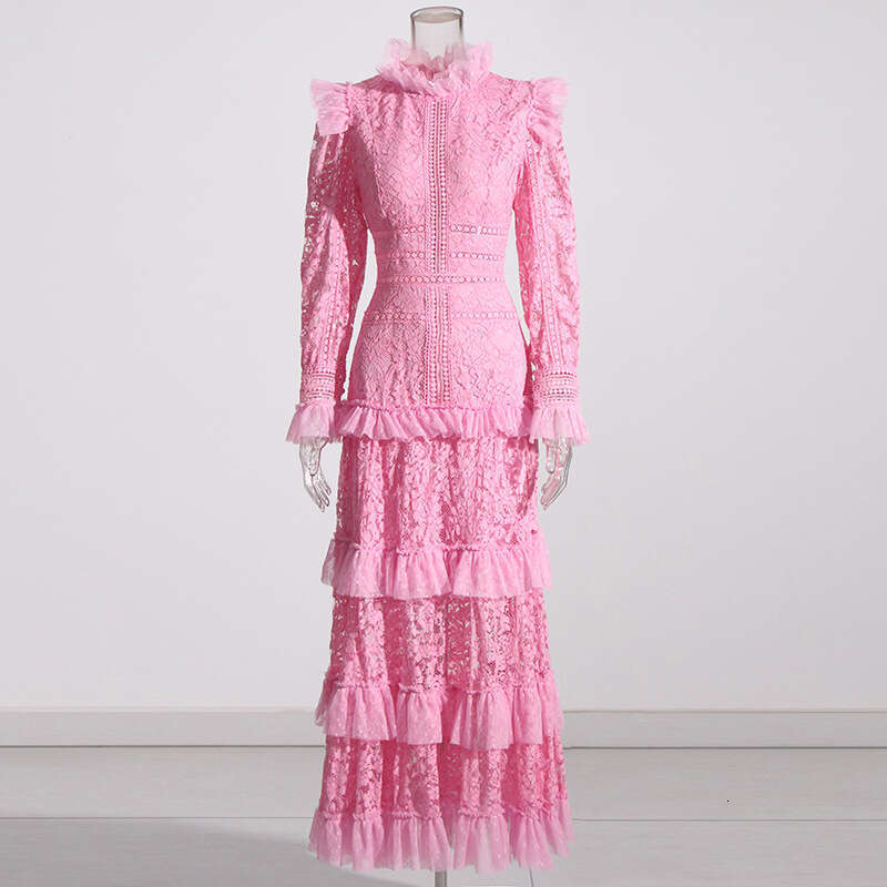 Fashion French Style 2025 Spring New Round Neck Sleeve Lace And Mushroom Edge Splicing Long Dress For Women