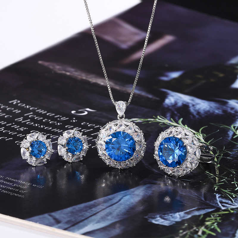 2024 New Zhuangsheng Copper Bottom Gold Plated Simulated Blue Sharp Crystal Round Temperament Light Luxury Set for Women 12-7mm W250312