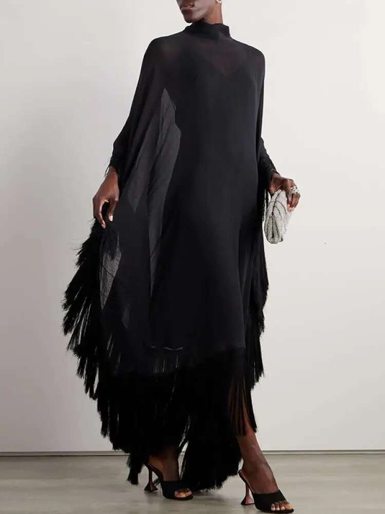 Yeezzi 2024 New Spring Fashion See-Through Tassel Party Dresses Women Batwing Sleeves Solid Color High-Neck Two Piece Set Dress