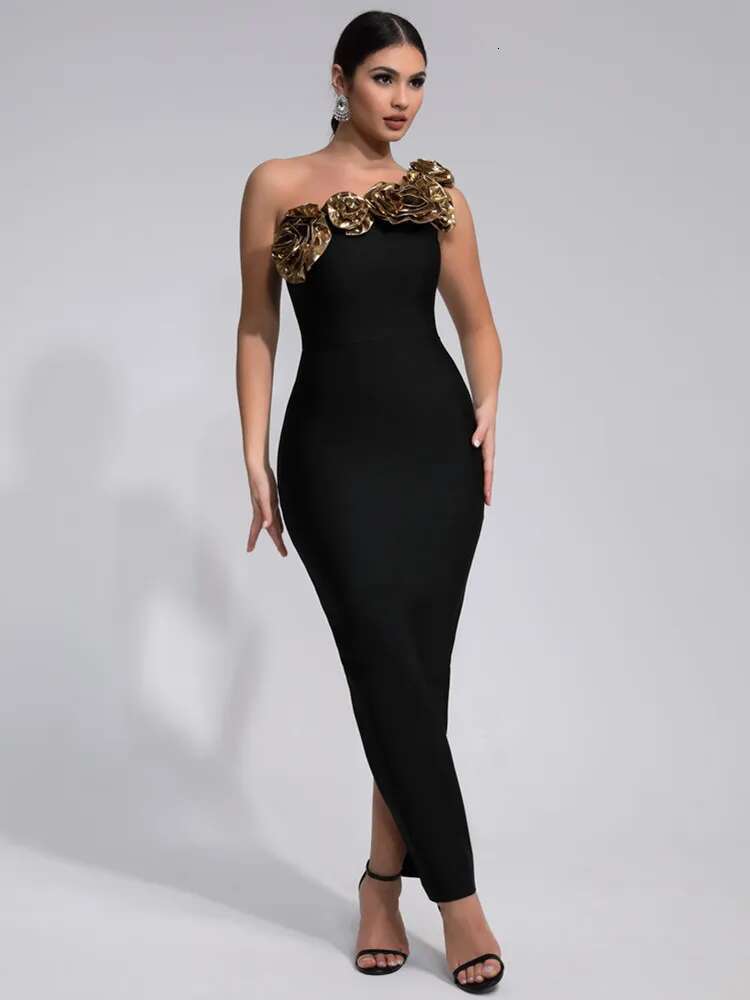 New Women Celebrity Sexy One Shoulder Wer Black Maxi Long Bandage Dress 2024 Knitted Elegant Evening Club Party Outfit