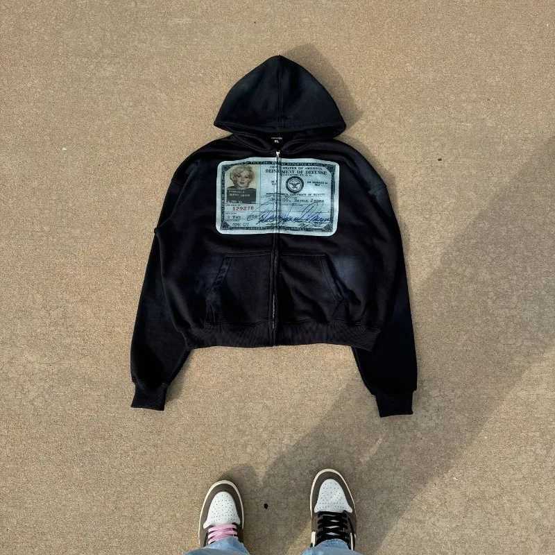 American hip Hop vintage print hoodie Jacket for men Y2k Goth Harajuku Street zipper hoodie fashion couple oversized sweatshirt M250312