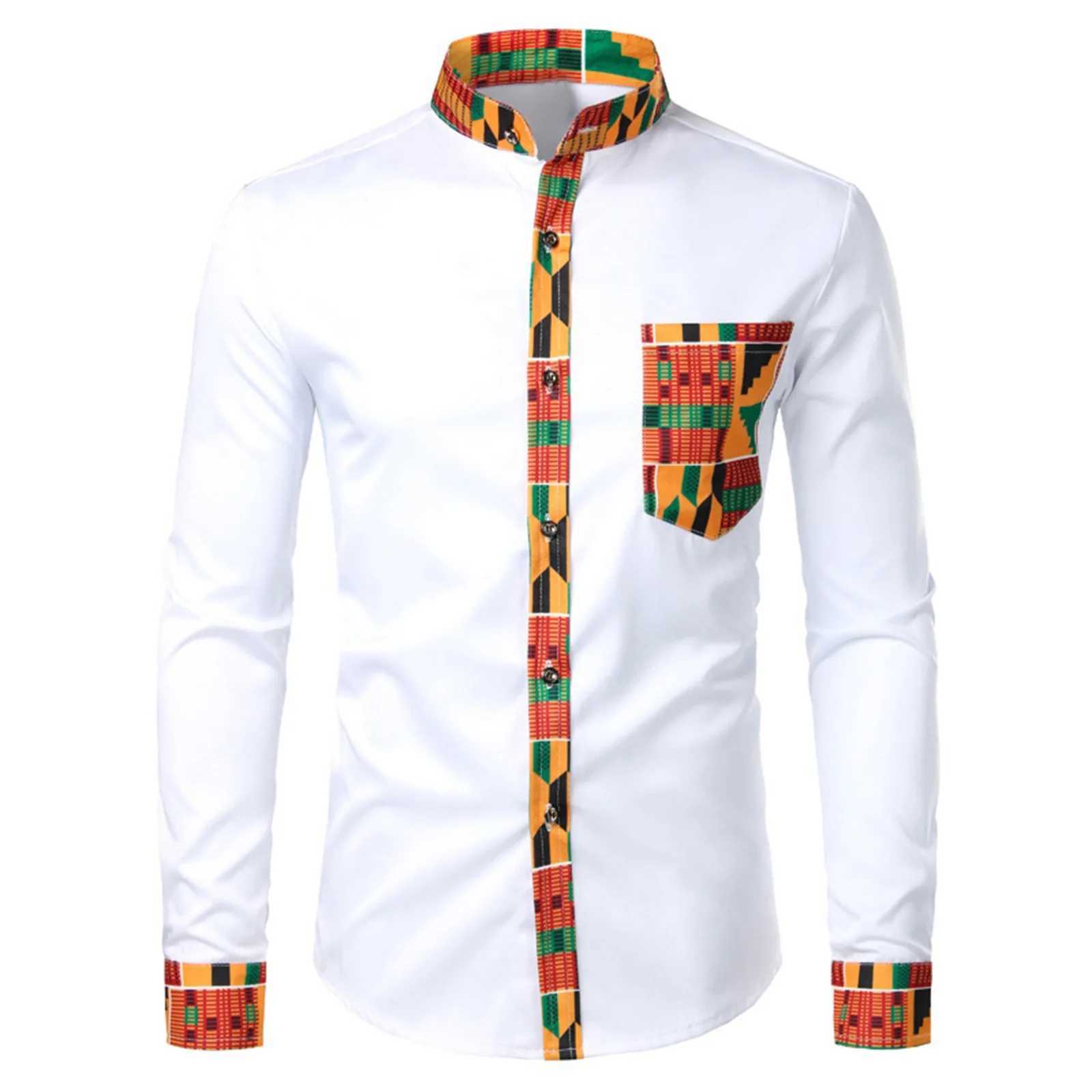 Mens shirt mens African long sleeved printed patch work design button top seaside vacation casual plus size W250312