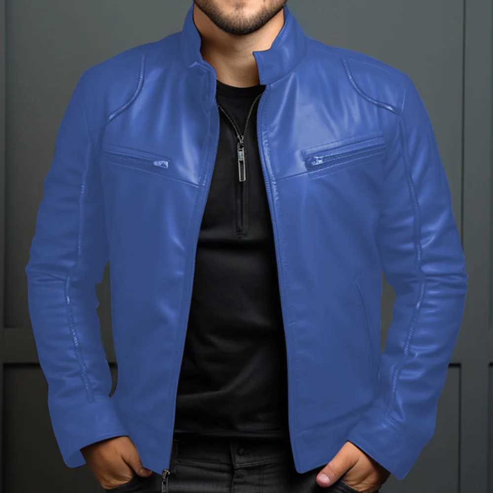 Mens Biker Leather Jacket Stand-up Collar Punk Leather Jacket MenT250311