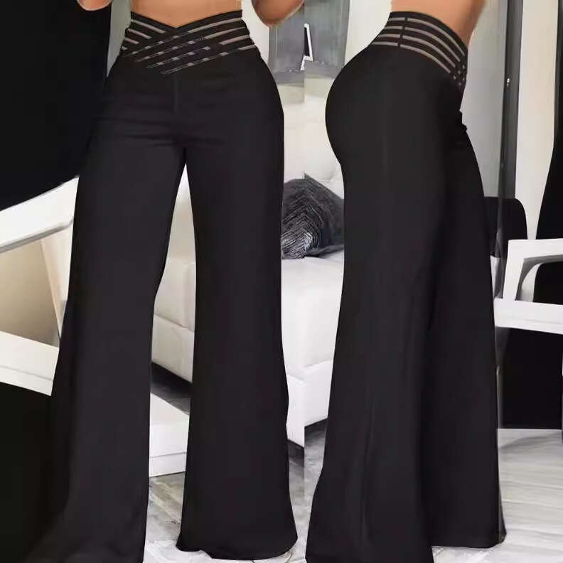 Summer Women's Hollow Belt High Waist Casual Straight Loose Wide Leg Pants B2