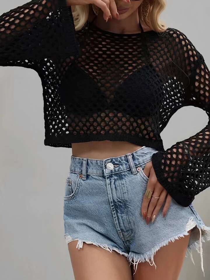 Women's Knitted Mesh Crochet Beach Shirt Solid Bikini Cover Ups Ladies Round-Neck Long Sleeve Tops 2025 Sexy Bathers Swim Bathing Suit Pullover B