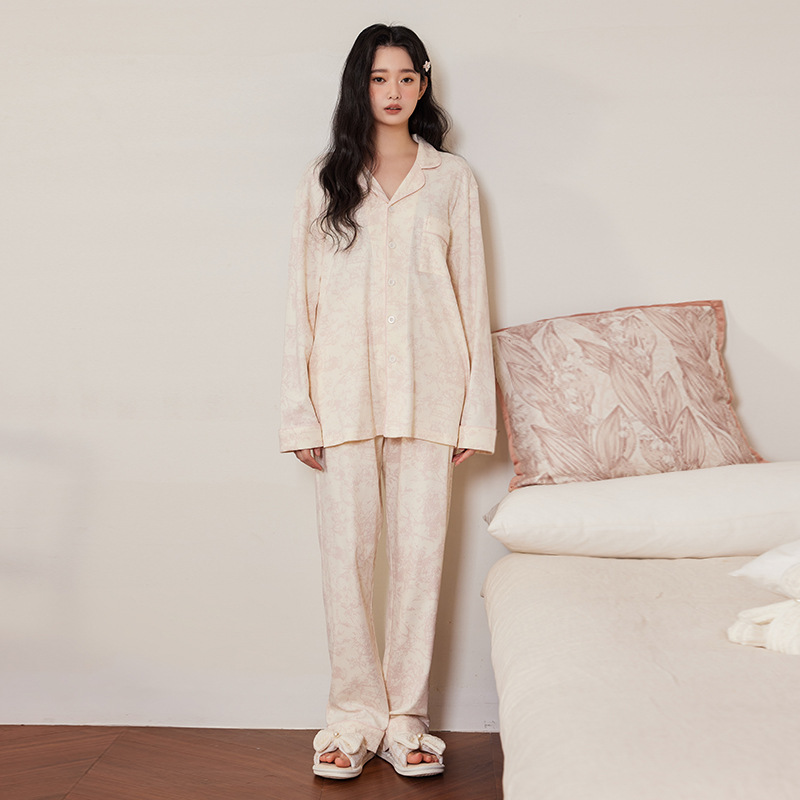 B774-Gentle oil painting style Class A antibacterial and anti-mite pure cotton pajamas for women Spring new tie-dye pink long-sleeved home suit