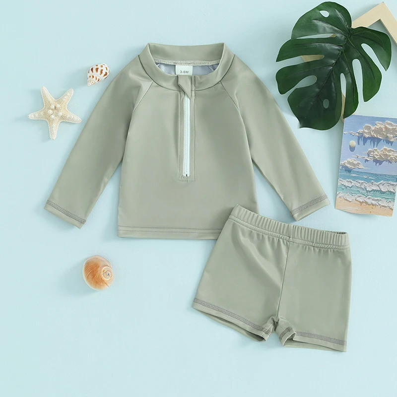 1-5years Kids Boys And Girls 2 Piece Swimwear Set Front Zipper Long Sleeve Swimsuit Swim Shorts Infant Kids Bathing Suits 250311