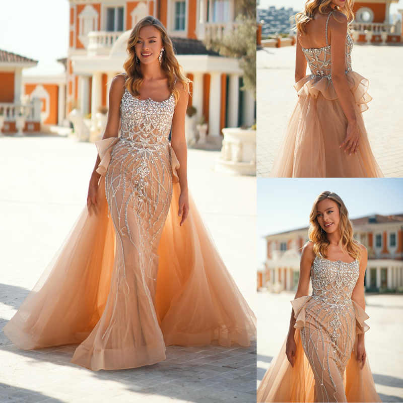 Mermaid Evening Dresses For Women Spaghetti Strap Sleeveless Gown Sequins Crystal Detachable Train Party Customized Dress