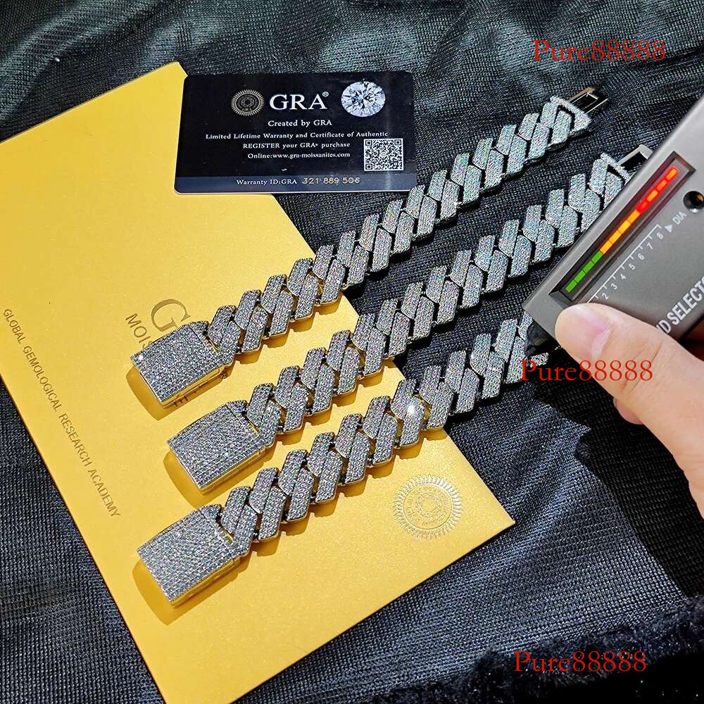 High Quality Hip Hop Dia D VVS Necklace Jewelry 20mm Three Row Moissanite Sterg Sier Cuban k Chain