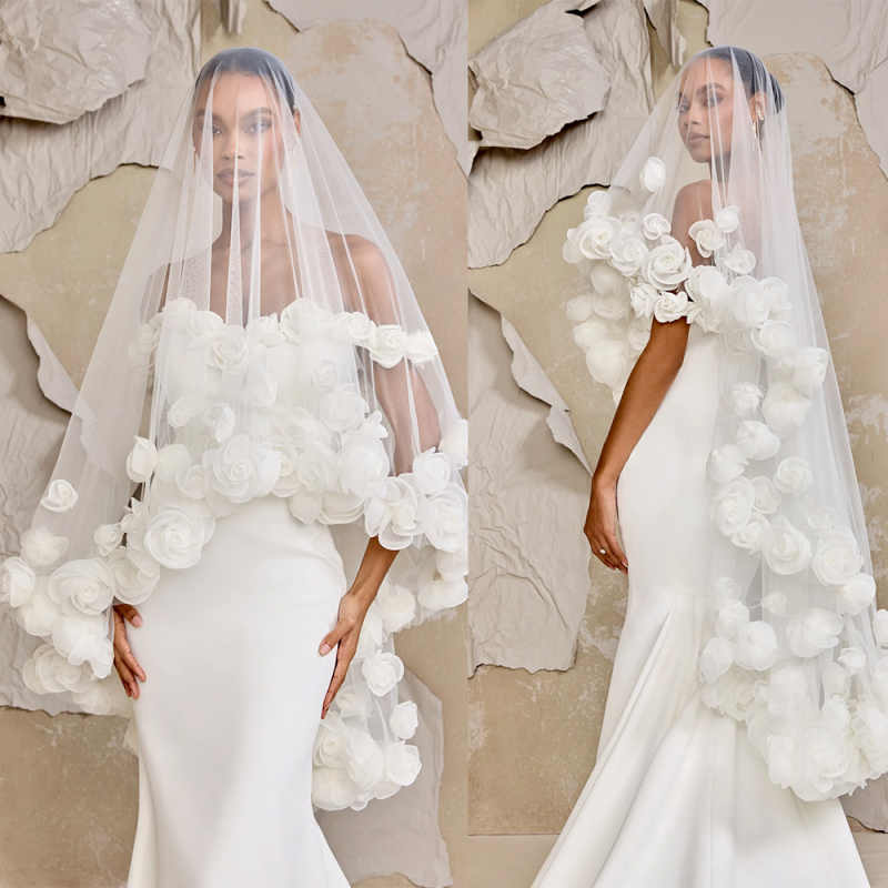 Designer Bridal Veils Tulle Bride Wedding 3m*2m 3D Flower Decoration Long Veil Hair Accessories Custom Made