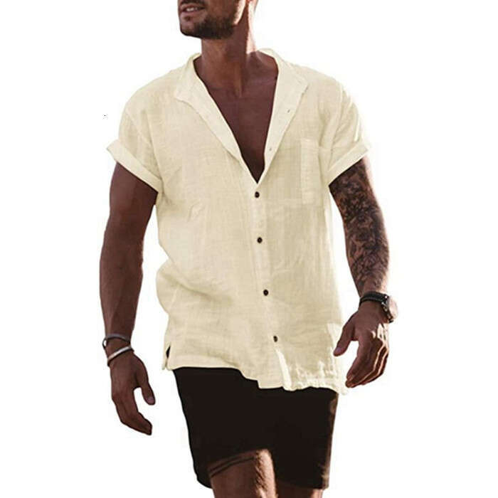 summer solid color cotton and en cardigan loose short sleeved pocket simple casual shirt men's 2025 temperament versatile new trend clothing ins
