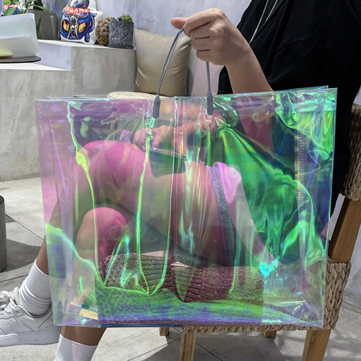 1PC Fashion Women Clear Tote PVC Laser Waterproof Transparent Handbags Shopper Shoulder Bag Beach Portable Pouch 250305