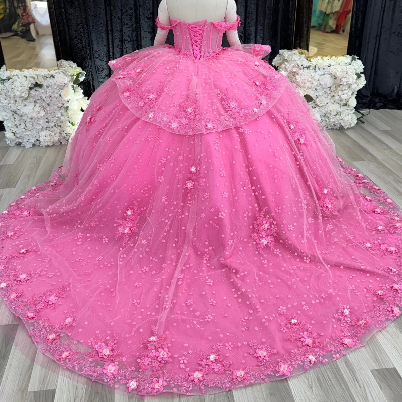 Pink Shiny Off Shoulder Quinceanera Dresses Applique Lace Beading Crystal Tull Party Birthday Sweet 16 Dress Vestidos 15 Anos