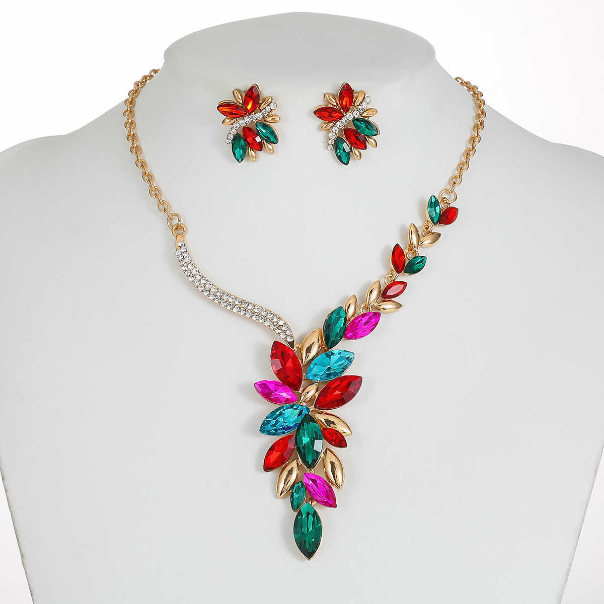 Bridal necklace set alloy diamond studded crystal glass colored jewelry set W250312