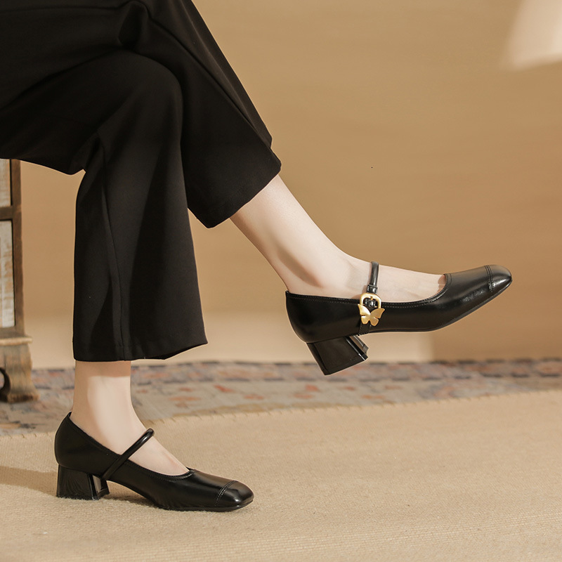 High Heels Women's Coarse 2025 New Square Head Middle Heel One Word Mary Jane Single Shoes #ddmypanda