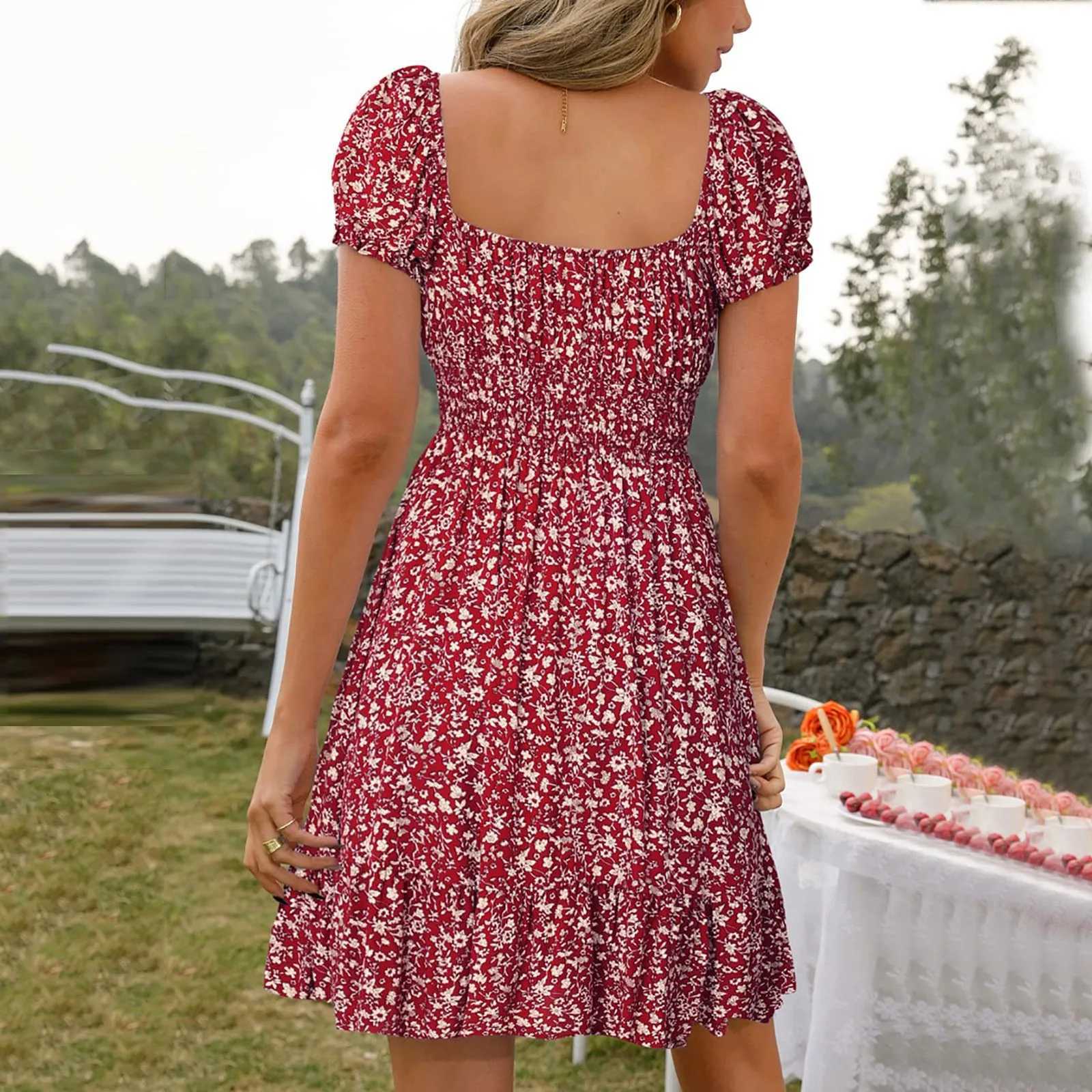 Dresses On Sale Clearance WomenS Dress Floral Print High Waist Dresses Puff Sleeves Retro Sexy Casual Tunic Woman ClothingT250311