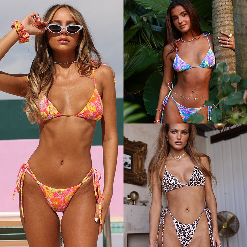 2025 Designer Swimsuit String Bikini Women's Sexy High Waisted Swimsuit Split Tie Printed Swimsuit Colorful Casual Beach Party