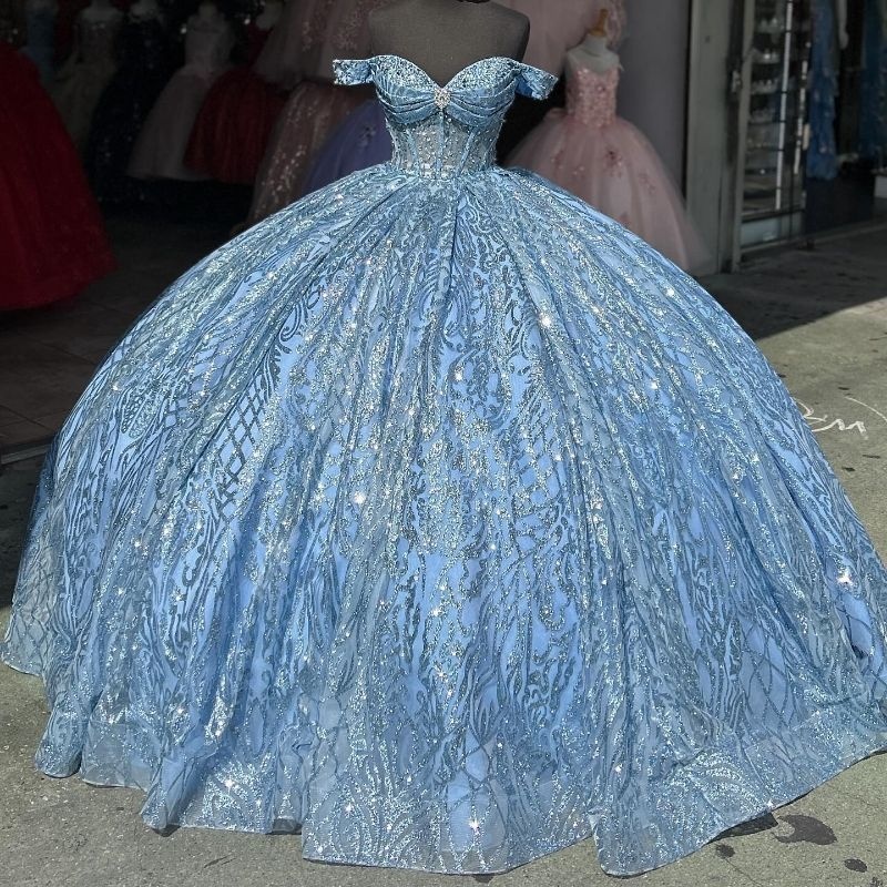 Sparkly Sky Blue Shiny Princess Quinceanera Dresses Off Shoulder Ball Gown Sequin Appliques Lace Crystals Beads Bow Tull Sweet 16 Dress vestidos de 15