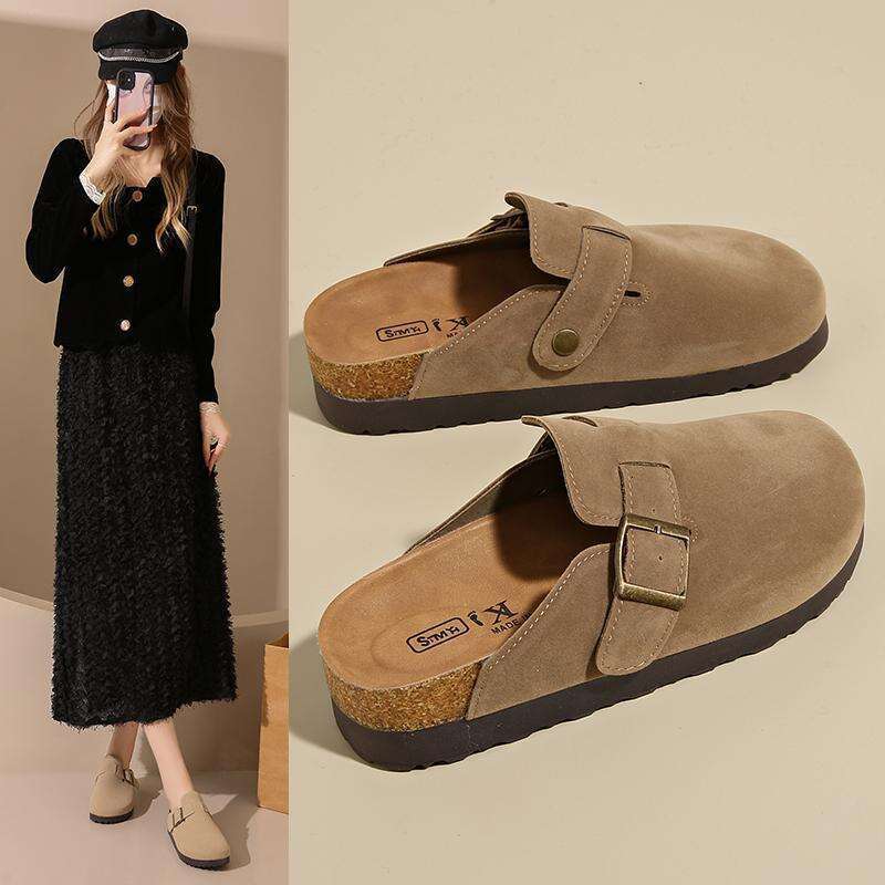 Thick soled for women in spring autumn of 2025, with one foot a small lazy person, wearing half slippers and cork Boken shoes on the outside