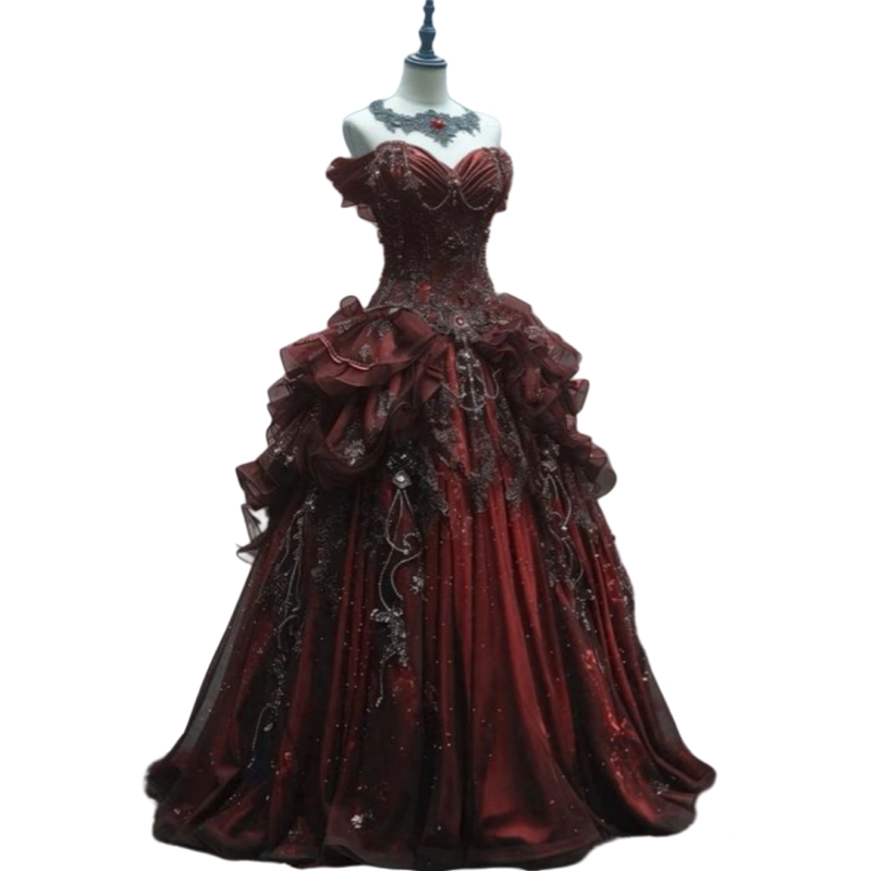 Vintage Black And Dark Red Long Prom Dresses Off Shoulder Gothic Evening Gown Special Occasion Dress Lace Appliques Beading Medieval Costume