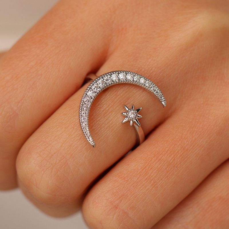 Open Full Diamond Love Ring Featuring Star and Moon Motif - Ideal for Engagements and Weddings