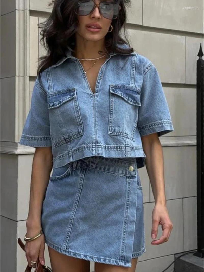 Women's Tracksuits Fashion Denim 2 Piece Sets Women Outfit Summer Clothes 2025 Jean Crop Top Irregular Hem Shorts Skirts Dress