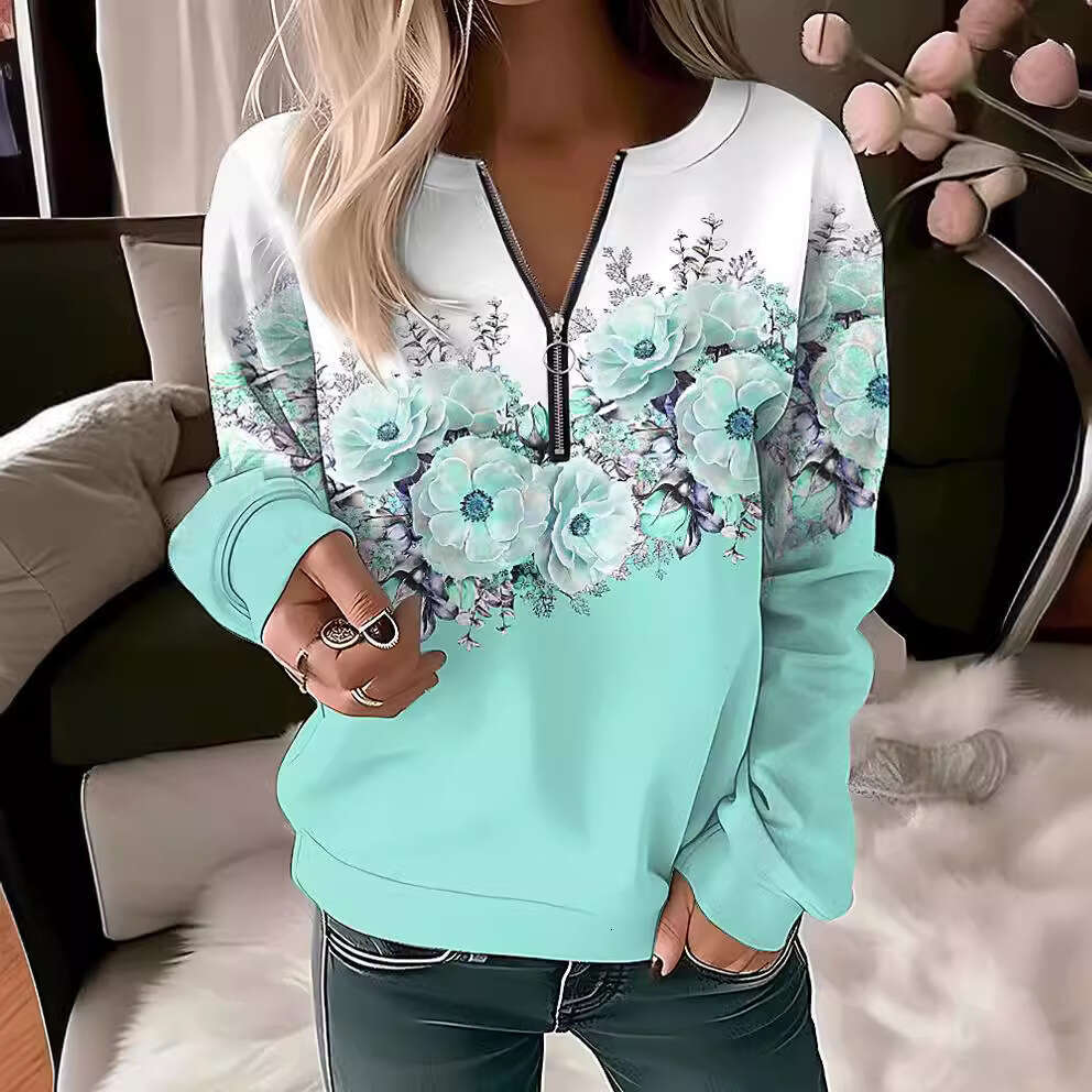 European American women's hot item printed V-neck long sleeved pullover loose hoodie new style chic and elegant clothing