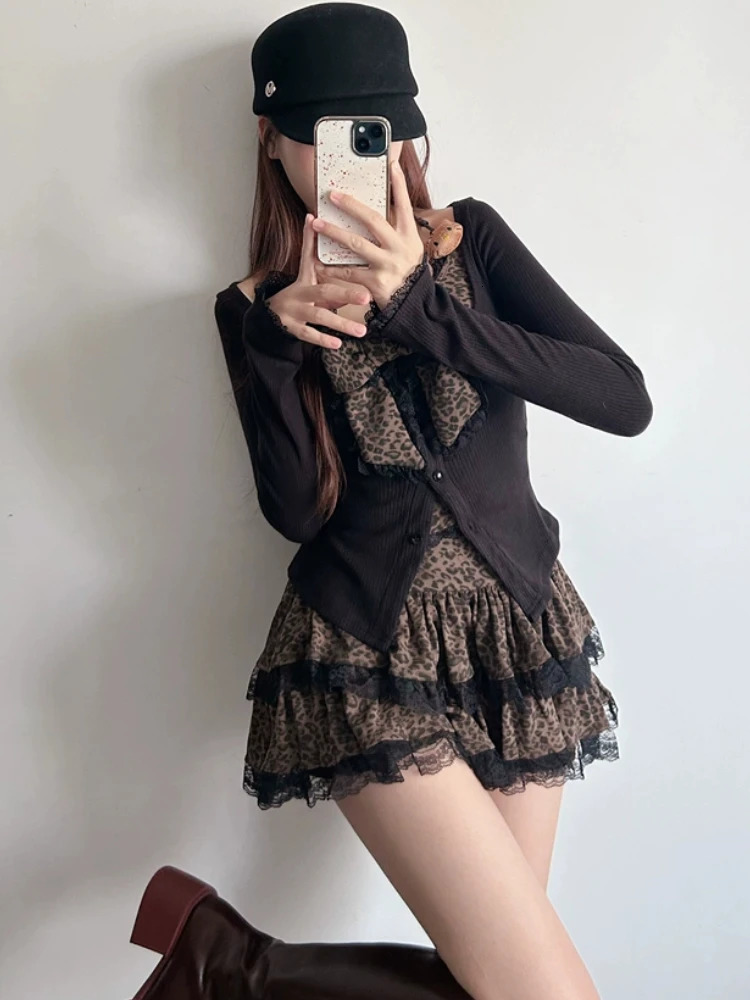 Spring Coolgirl Leopard Print 2piece womens bow lace slim fit top mini patch work cake leather Japanese fashion Y2K retro set 250312
