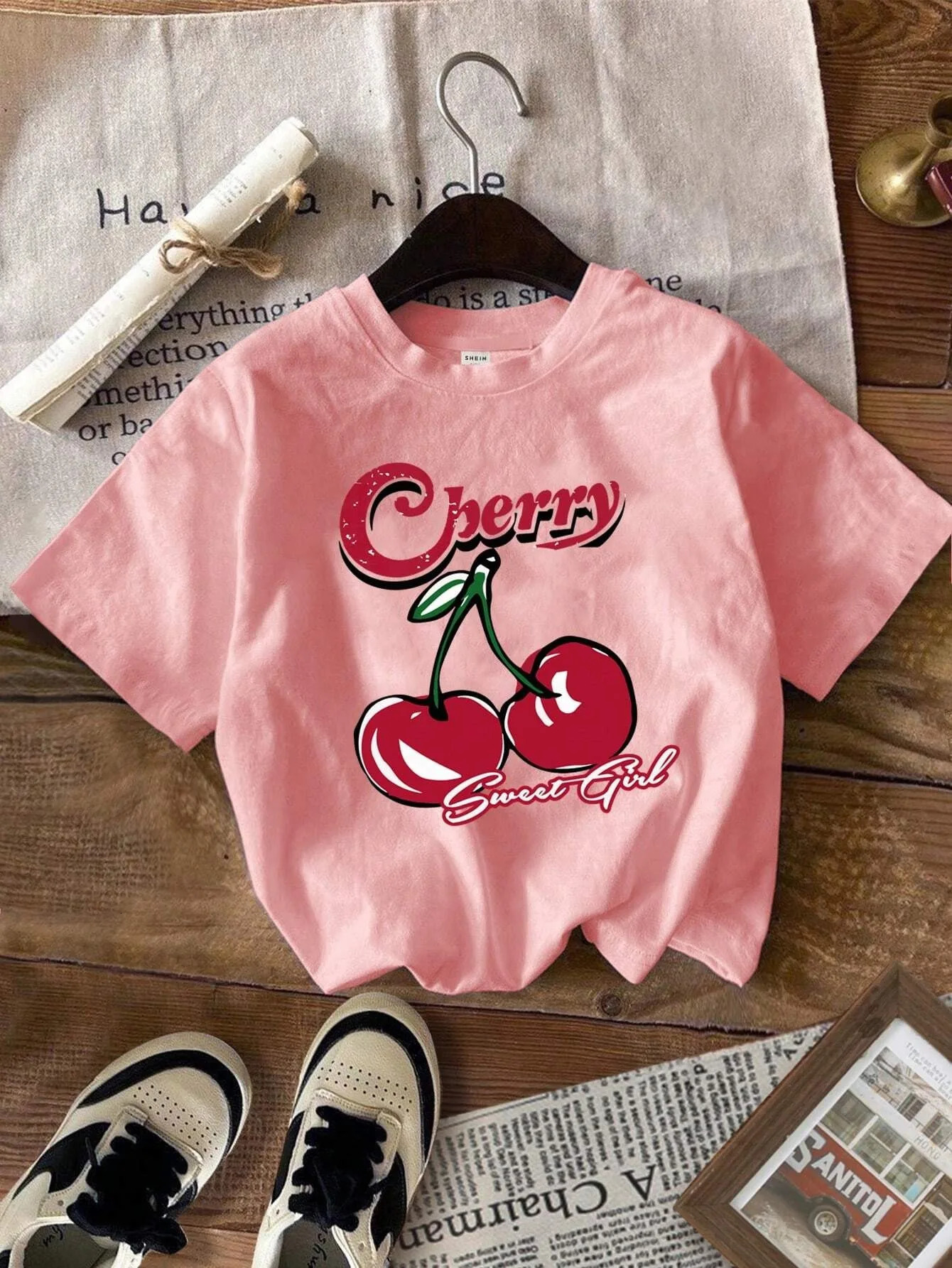 Korean Style Simple Fruit Cherry Print Cotton T Shirt For Kids Adults Trendy Street Harajuku Tees Daily Girls Summer Sweatshirts 250311