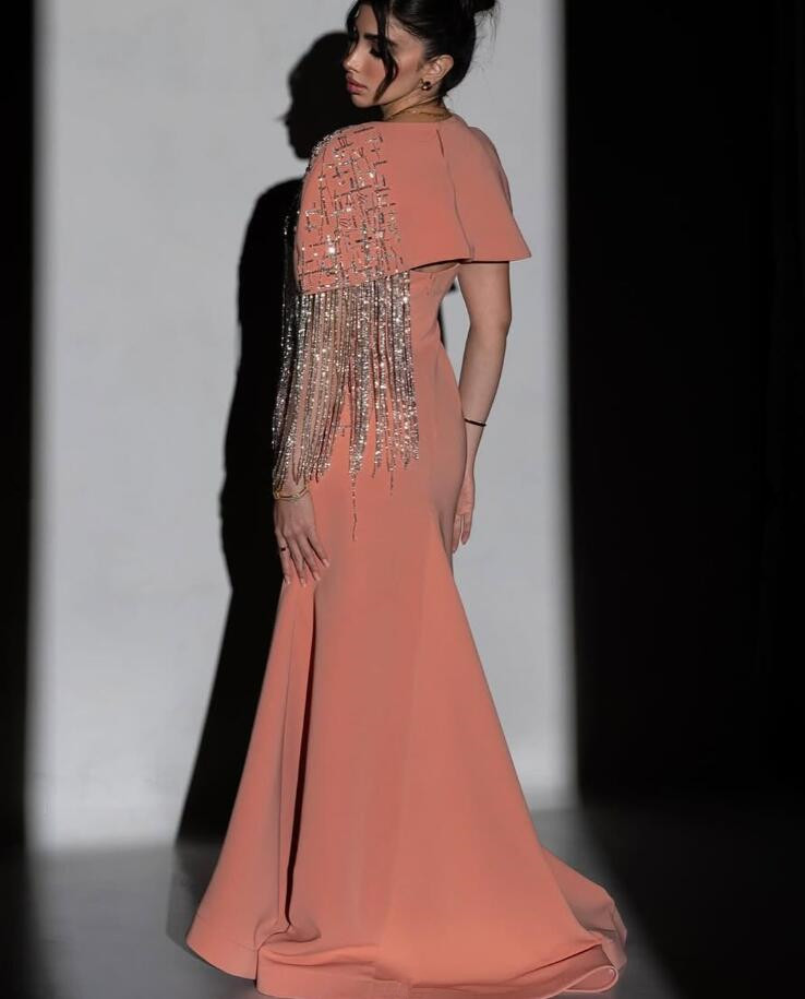 Peack Pink Long Prom Occasion Dresses with Sleeve Sparkly Tassel Customsized Saudi Arabic Dubai Evening Gown Garment
