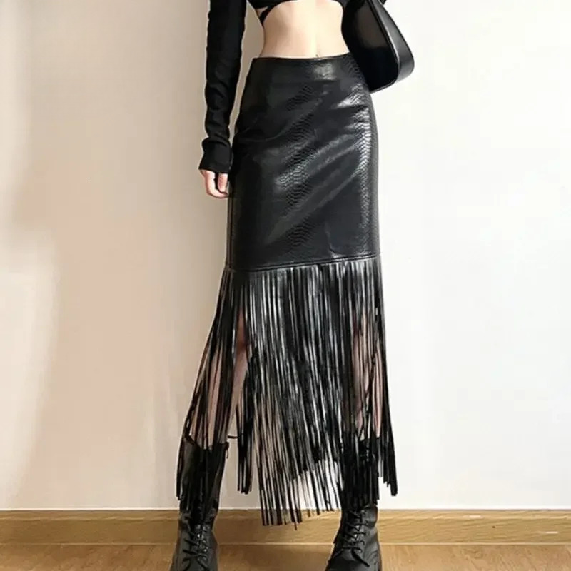 American Hot Girl Fringed Splicing Midi Leather Skirt 2024 Winter New Streetwear High Waist Slim Hip-Wrapped PU Skirts Female