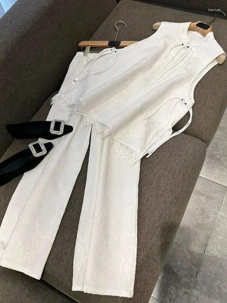Womens Tracksuits Fashion High End Chinese Style Women Clothing Pan Button Shirt Vest Wide Leg Pants Set Summer Two Piece Outfits