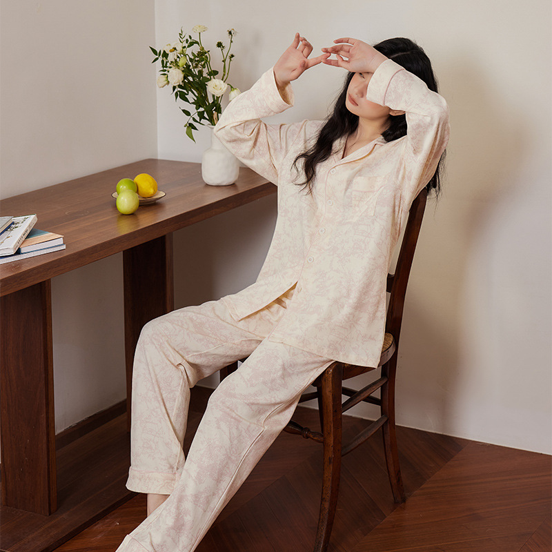 B774-Gentle oil painting style Class A antibacterial and anti-mite pure cotton pajamas for women Spring new tie-dye pink long-sleeved home suit
