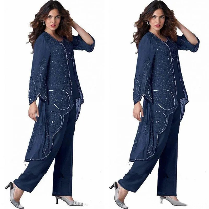 Navy Blue Mother Of Bride Pant Suits For Weddings Beaded Plus Size Groom Dress With Jacket Special Occasion Mothers Outfit Garment