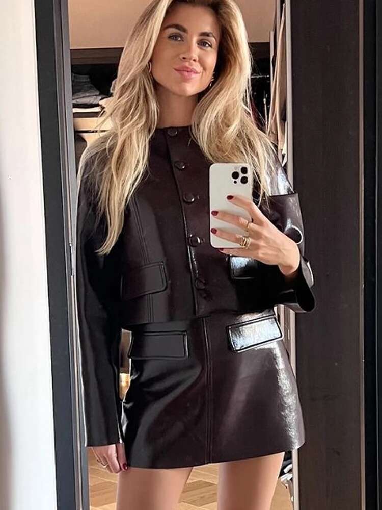 Fashion PU Leather Jackets For Women Single Breasted Motorcycle Round Collar Chic Coats Female Y2k Long Sleeve Street Lady Tops