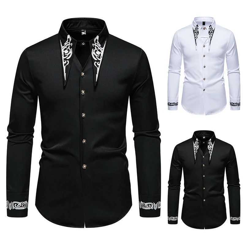 Men Long Sleeve Shirts Floral Collar Mens Dress Shirt Male Groomsman Clothes Chemise Shirt Homme Shirts S65 W250312