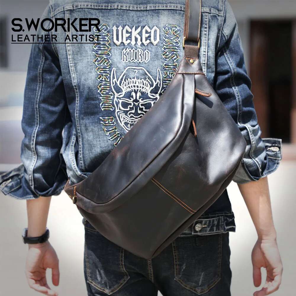 S.worker Vintage Genuine Shoulder For men Large Capacity Chest Bag Full Grain Leather 14 Inch Crossbody Daypack
