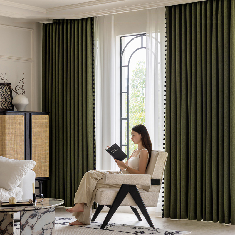 T0391 Manyunli retro curtains dark green French jacquard blackout chenille curtains can be added with lace shape Curtain