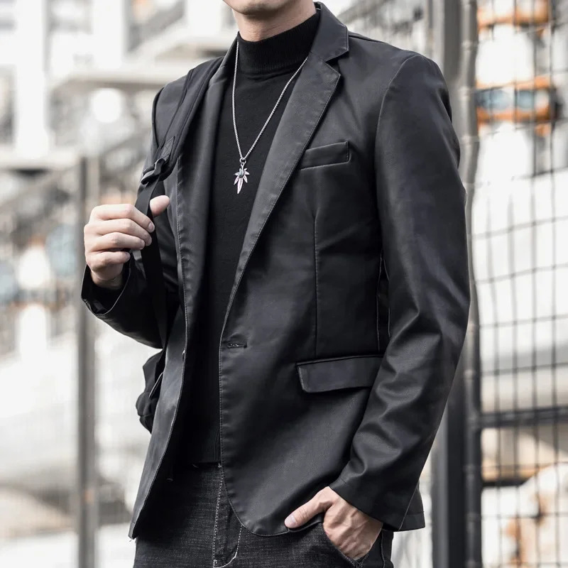 Mens Big Size Autumn and Winter Style of Plankton Shuai Suit Korean Business Leisure PU Leather Motorcycle Jacket 250312