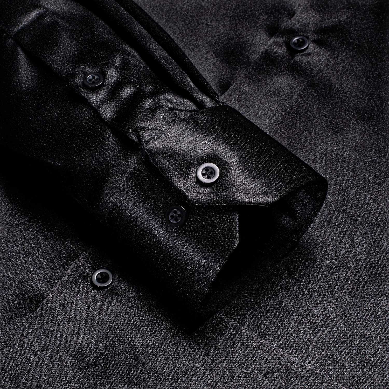 Hi Tie black solid mens long sleeved satin silk dress casual formal business shirt luxurious design mens clothing W250312