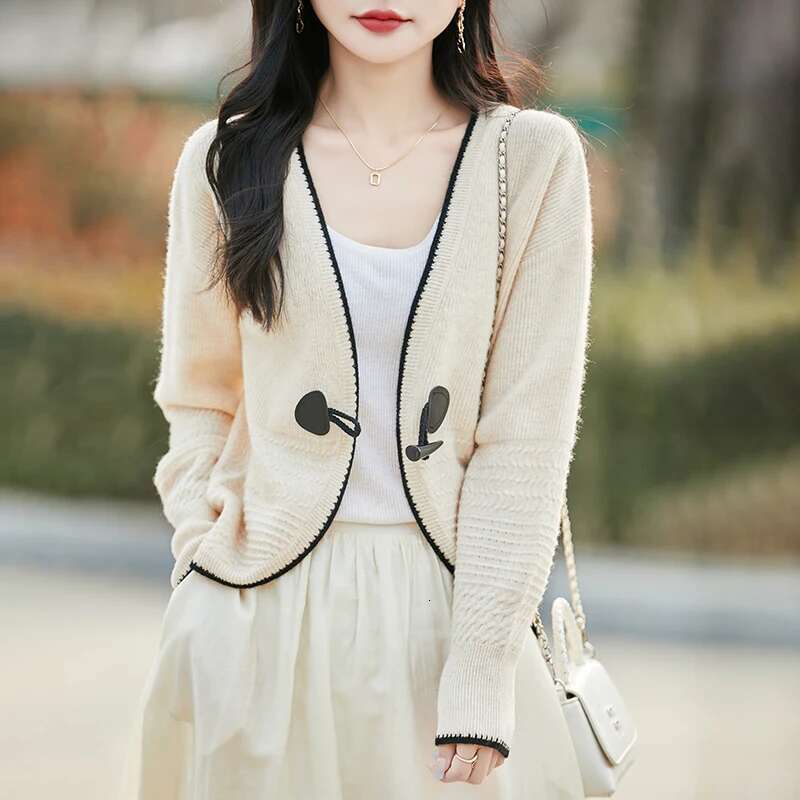 Spring New Long Sleeved Knitted Cardigan Women's V-Neck 100% Wool Trendy Fashion Short Cut Hollow Summer Jacket Sweater