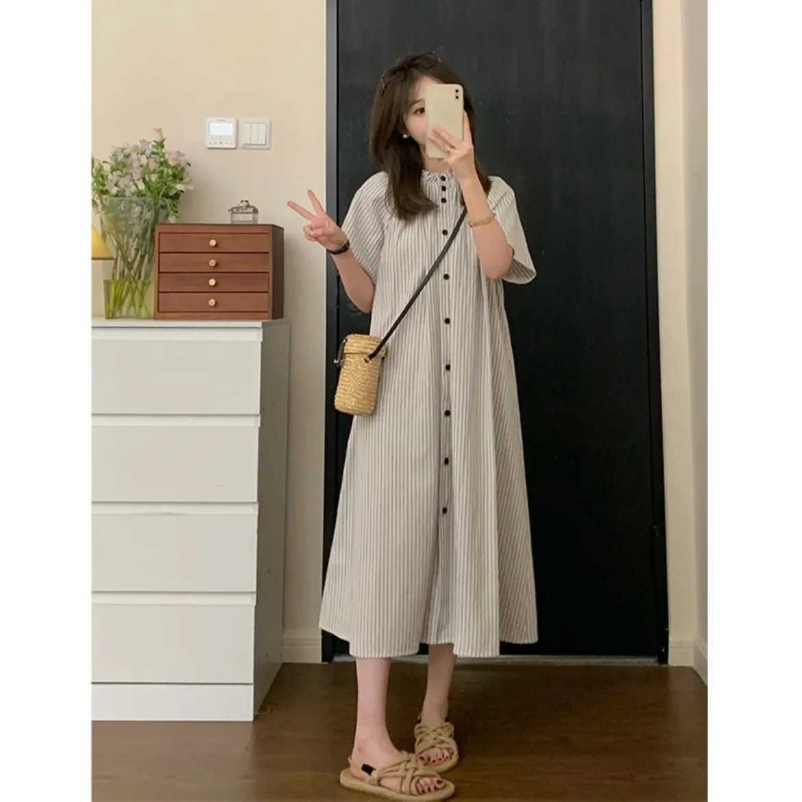 2025 Summer Maternity Holiday Dress Short Sleeve O-neck Button Fly Pregnant Woman Striped Dress Loose Casual Pregnancy ClothesT250311