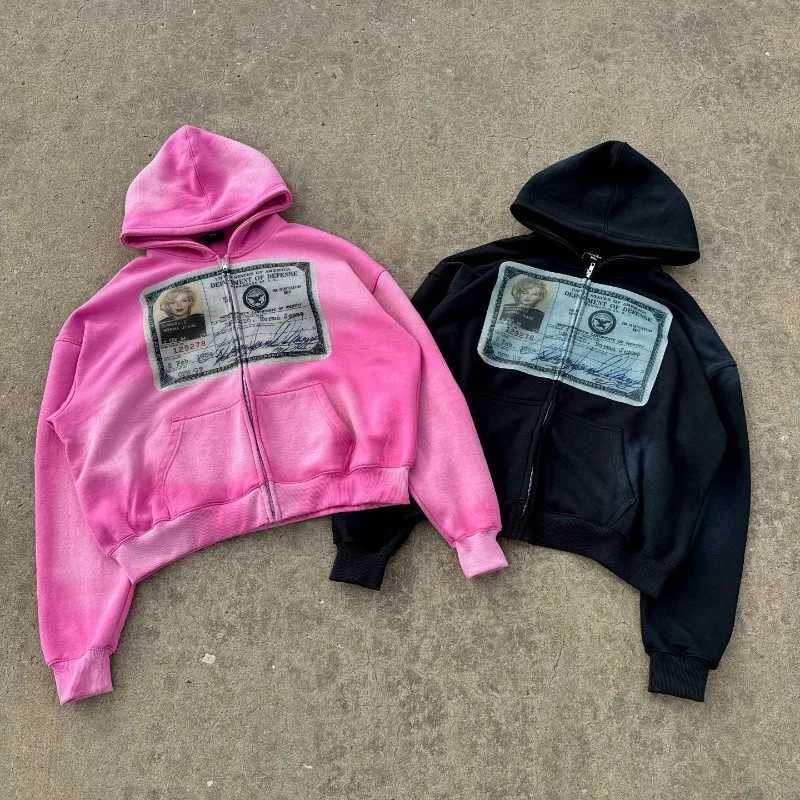 American hip Hop vintage print hoodie Jacket for men Y2k Goth Harajuku Street zipper hoodie fashion couple oversized sweatshirt M250312