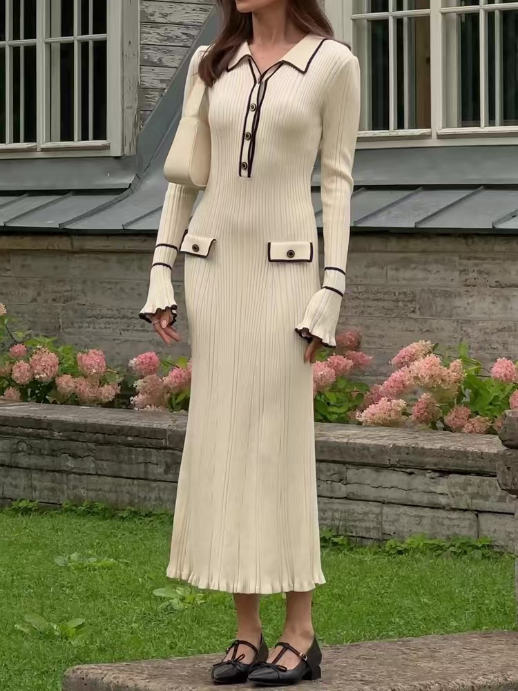 2025 fashionable lapel long sleeved ruffle button trimmed slim fit dress for women elegant slim fit knit skirt