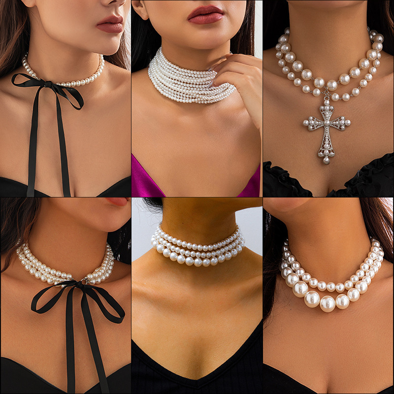 Punk Cross Necklace Exaggerated Temperament Micro-pearl Multi-layered Wear Jewelry for Women