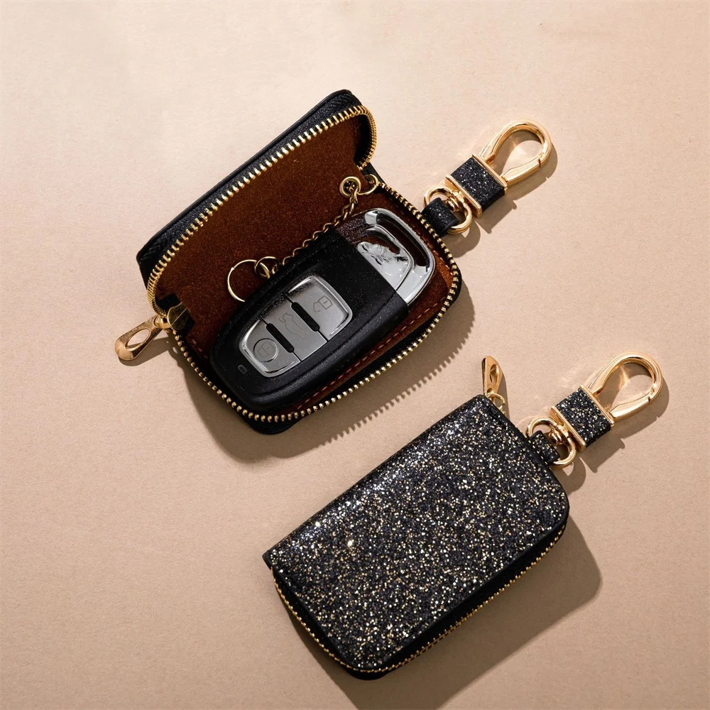 Leather Key Bag With Keychain Creative Shiny Coin Purse Mini Portable Storage Bag Pendant Glitter Zipper Key Holder Pouch 250311