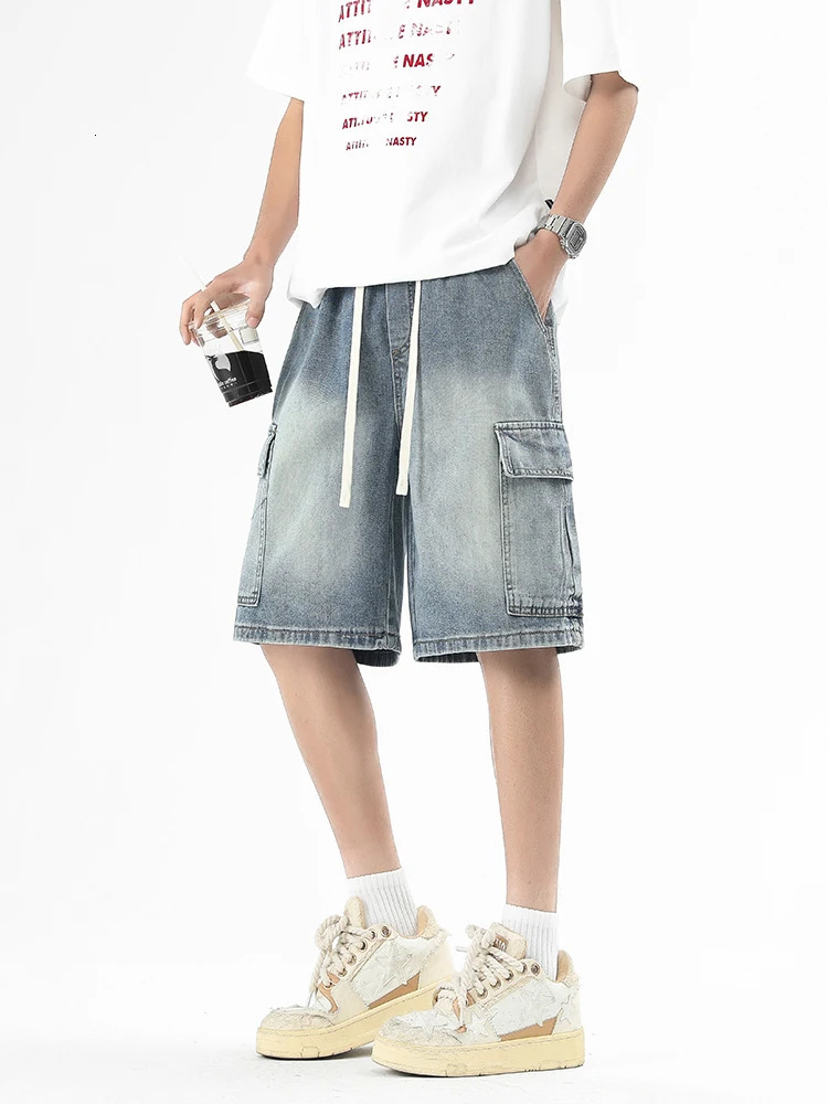 Summer Mens Cargo Denim Shorts Korean Fashion Streetwear Wide Leg Straight Short Jeans Casual Loose Jean 250312