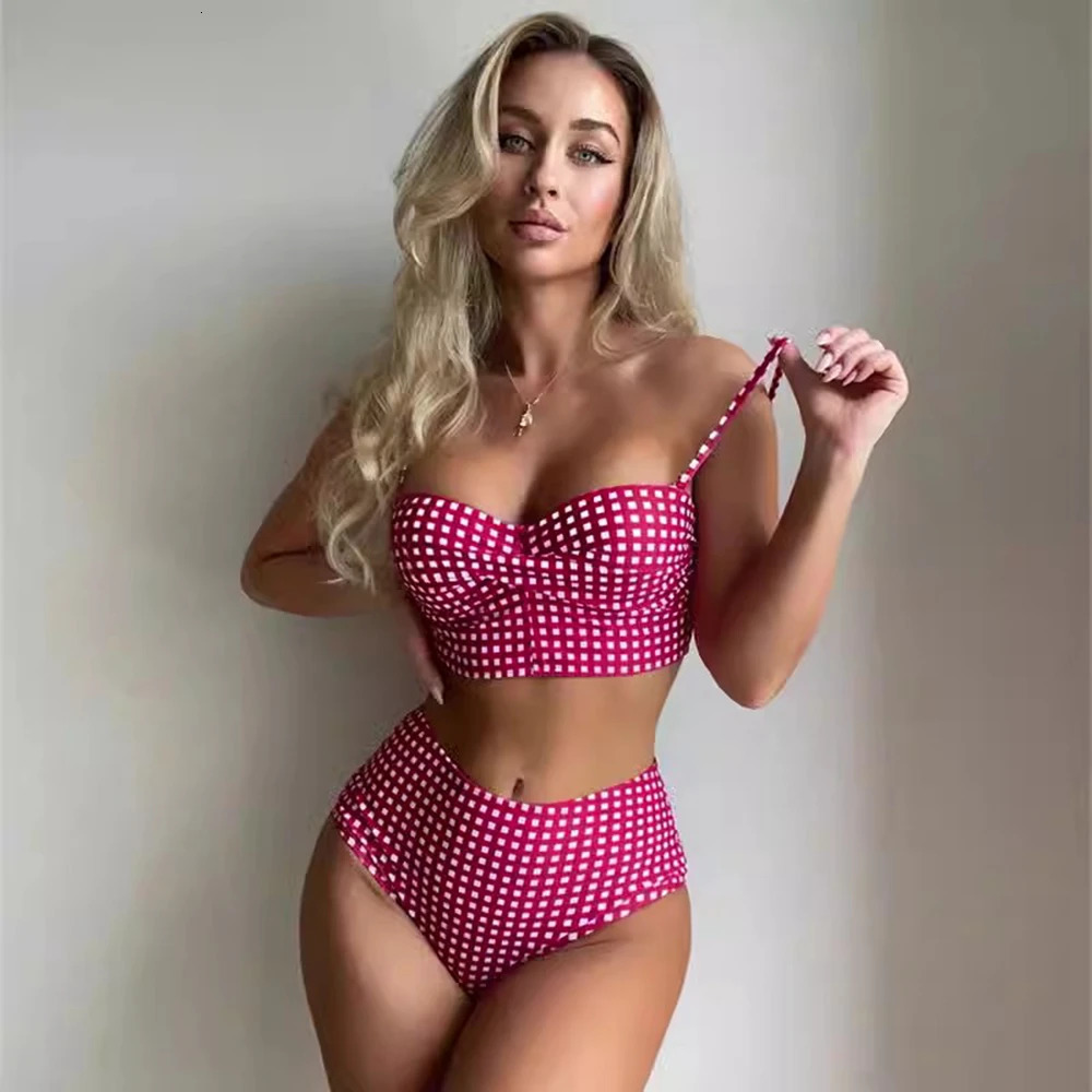 Womens Sexy Slim Plaid Two Pieces Swimsuit High Waisted Bikini Swimwear Sets Size S3XL Rose RedBlackBlueSky Blue 250310